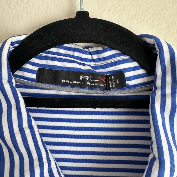 RLX Ralph Lauren Polo Shirt Mens Large Golf Blue‎ White Striped Logo Sleeve - Picture 4 of 8